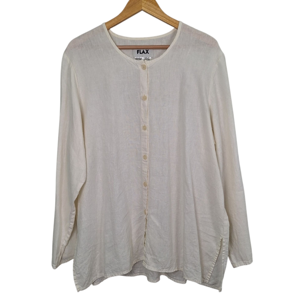 Flax 100% Linen Ivory Warm White Long Sleeve Button Down W Side Slits L